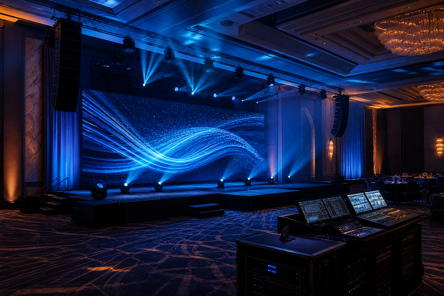 Premium corporate AV production with LED video, professional audio, lighting, and show control
